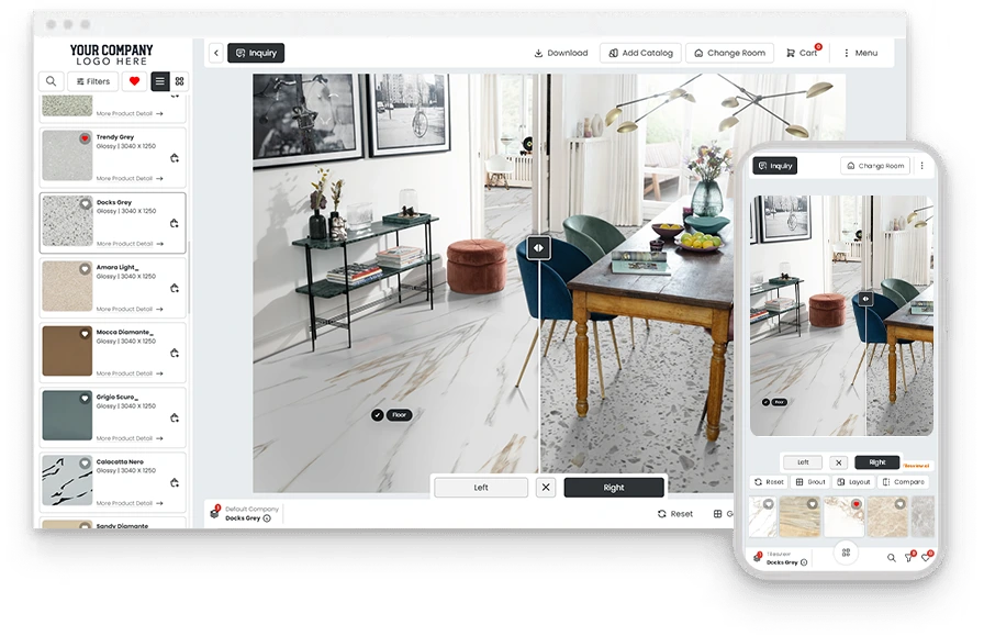 Vizualizator Tilesview care arată o cameră înainte și după pe desktop și pe mobil